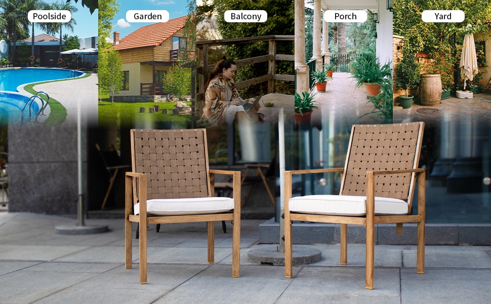 Set Of 2 Patio Chairs, Hand-Made Drawstring Outdoor Dining Chairs Waterproof With Cushion, Metal Chairs For Patio, Deck, Garden, Yard - Wood Grain_voghion.com